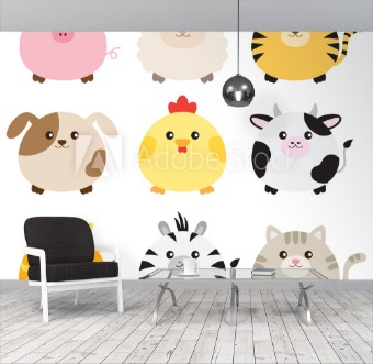 Picture of Vector illustration of fat animals including pig sheep tiger dog chicken cow giraffe zebra and cat